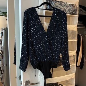 BCBGeneration Navy and White Polka Dot V-Neck Long Sleeve Bodysuit